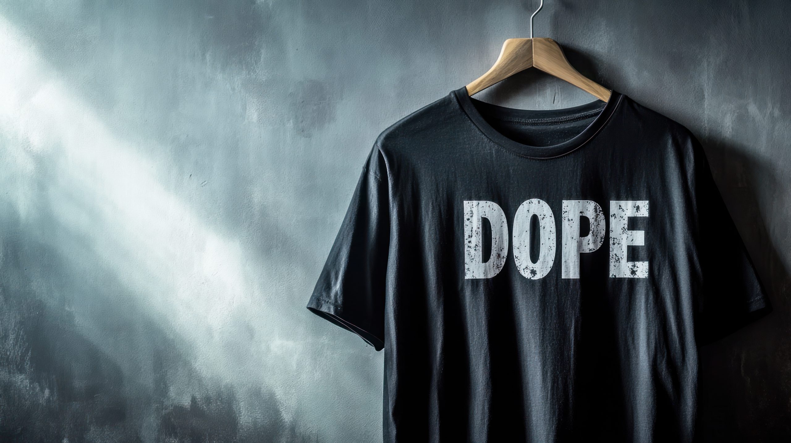Black t-shirt with “Dope” text hanging on wooden hanger against grunge wall. Dope!